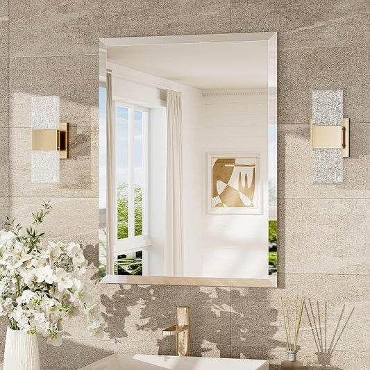 22x30 Bathroom Vanity Mirror Beveled Rectangle, Frameless Mirror Bathroom with 1" Beveled Edge, Shatterproof Modern Decorative Wall Mirrored for Living Room, Entryway, Bedroom