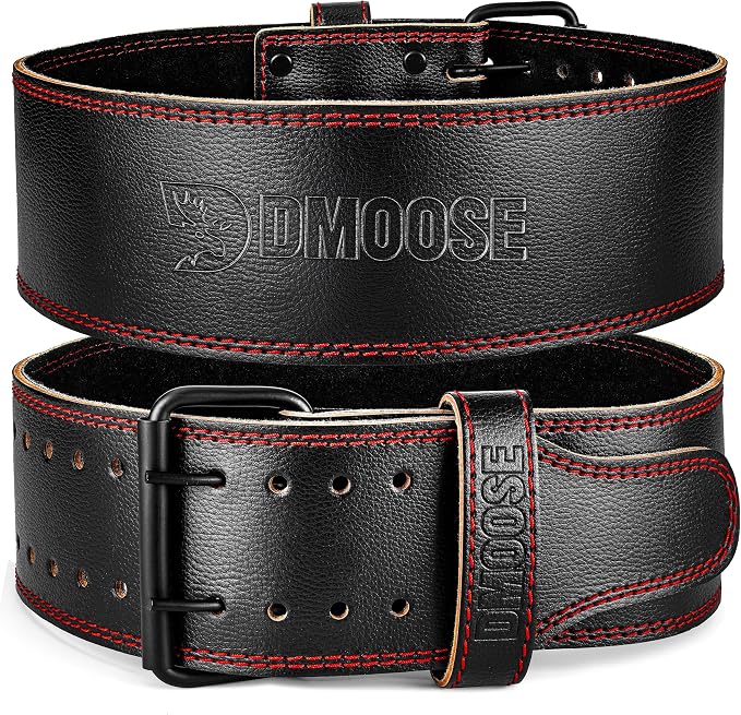 DMoose Fitness Weight Lifting Belt for Lower Back Support - 5mm Thick Genuine Leather Gym Belt for Squats, Deadlifts & Powerlifting - Double Prong Buckle with 10 Holes Adjustability for Men & Women