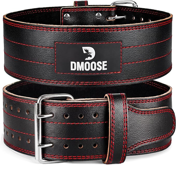 DMoose Fitness Weight Lifting Belt for Lower Back Support - 5mm Thick Genuine Leather Gym Belt for Deadlifts, Powerlifting & Squats - Double Prong Buckle - Men & Women