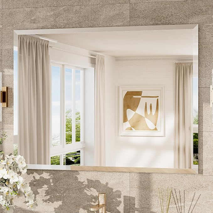 40x30 Frameless Mirror Bathroom Rectangle, Bathroom Vanity Mirror Beveled with 1" Beveled Edge, Shatterproof Farmhouse Mirrored Wall Mounted for Living Room, Entryway, Restroom