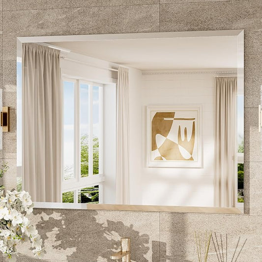 40x30 Frameless Mirror Bathroom Rectangle, Bathroom Vanity Mirror Beveled with 1" Beveled Edge, Shatterproof Farmhouse Mirrored Wall Mounted for Living Room, Entryway, Restroom