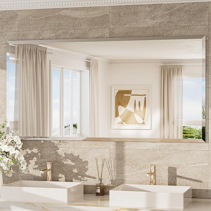 60x30 Beveled Frameless Bathroom Mirror, Vanity Bathroom Mirrored with 1" Beveled Edge, Shatterproof Modern Frameless Mirror Rectangle for Living Room, Entryway, Restroom