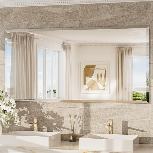 60x30 Beveled Frameless Bathroom Mirror, Vanity Bathroom Mirrored with 1" Beveled Edge, Shatterproof Modern Frameless Mirror Rectangle for Living Room, Entryway, Restroom