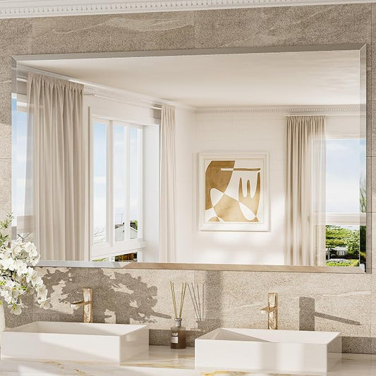 60x36 Frameless Beveled Bathroom Mirror Rectangle, Tempered Rectangle Bathroom Vanity Mirror with 1" Beveled Edge, Shatterproof Modern Mirrored Wall Mounted for Living Room, Restroom