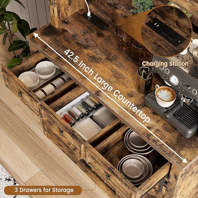 GarveeHome 72" Farmhouse Coffee Bar Cabinet with LED Lights & Power Outlets | Tall Kitchen Buffet Hutch with 3 Drawers & Wine Glass Rack, Sliding Barn Door, Ample Storage for Home Bar, Brown
