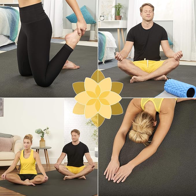 ActiveGear Large Yoga Mat, 6'x4'x8mm Extra Thick Non-Slip - Black | 8mm high-density padding for barefoot comfort. Non-slip on any floor. Includes carry bag, straps and microfiber towel.