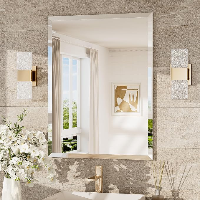 24x32 Beveled Bathroom Mirror Frameless, Tempered Rectangle Bathroom Vanity Mirror Beveled with 1" Beveled Edge, Shatterproof Farmhouse Wall Mirrored for Living Room, Entryway, Restroom