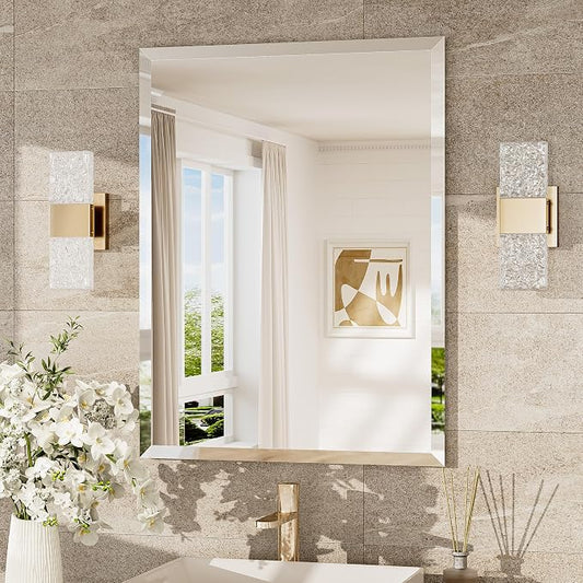 24x32 Beveled Bathroom Mirror Frameless, Tempered Rectangle Bathroom Vanity Mirror Beveled with 1" Beveled Edge, Shatterproof Farmhouse Wall Mirrored for Living Room, Entryway, Restroom