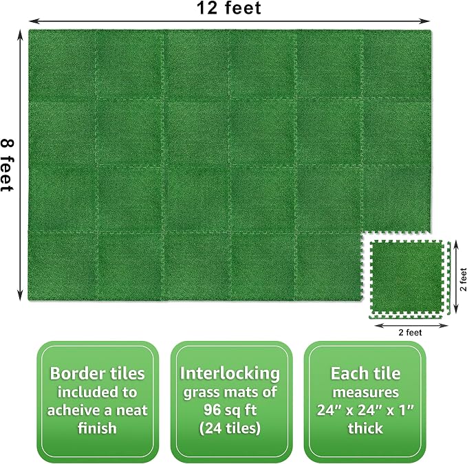 Sorbus Grass Foam Floor Tiles - 24 Interlocking Mats of 24"X24” Total of 96 Sq Ft for Kids Outdoor Toys, Playroom, Deck, Patio, Basement Home Gym - Artificial Carpet Grass Turf Indoor Outdoor Flooring