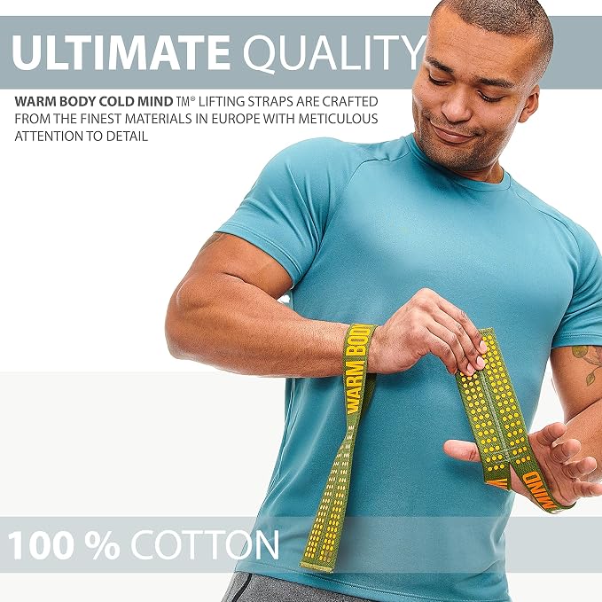 WARM BODY COLD MIND V1 Lifting Wrist Straps for Olympic Weightlifting - Rated at 660 lb - Hand Wraps for Powerlifting, Weight Lifting, Bodybuilding Functional/Cross Training, Deadlift Gym Bar, Cotton