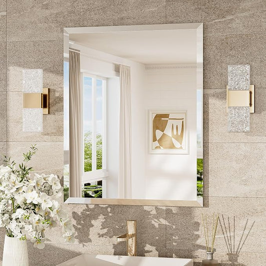 24x30 Frameless Bathroom Mirror for Over Sink, Tempered Beveled Wall Mirror with 1" Beveled Edge, Shatterproof Rectangle Mirrored for Vanity, Living Room, Entryway, Restroom