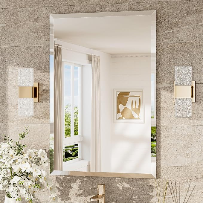 24x36 Beveled Wall Mirror Decorative, Bathroom Vanity Mirrored with 1" Beveled Edge, Shatterproof Modern Frameless Mirror Bathroom Rectangle for Living Room, Entryway, Restroom