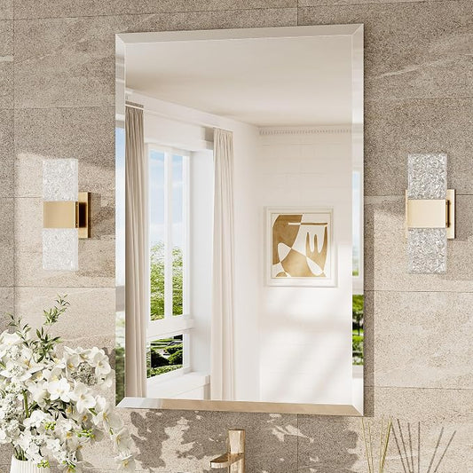 24x36 Beveled Wall Mirror Decorative, Bathroom Vanity Mirrored with 1" Beveled Edge, Shatterproof Modern Frameless Mirror Bathroom Rectangle for Living Room, Entryway, Restroom