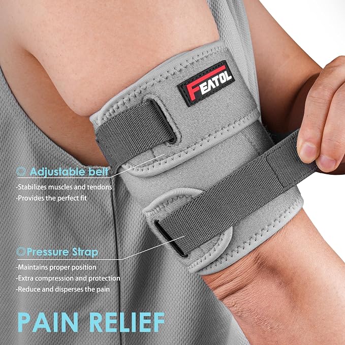 FEATOL Bicep Tendonitis Brace Compression Sleeve Support, Upper Arm Brace Tricep Bicep Support Bands for Men and Women, Arm Wrap Pain Relief for Muscle Strains and Inflammation(Gray, Large)