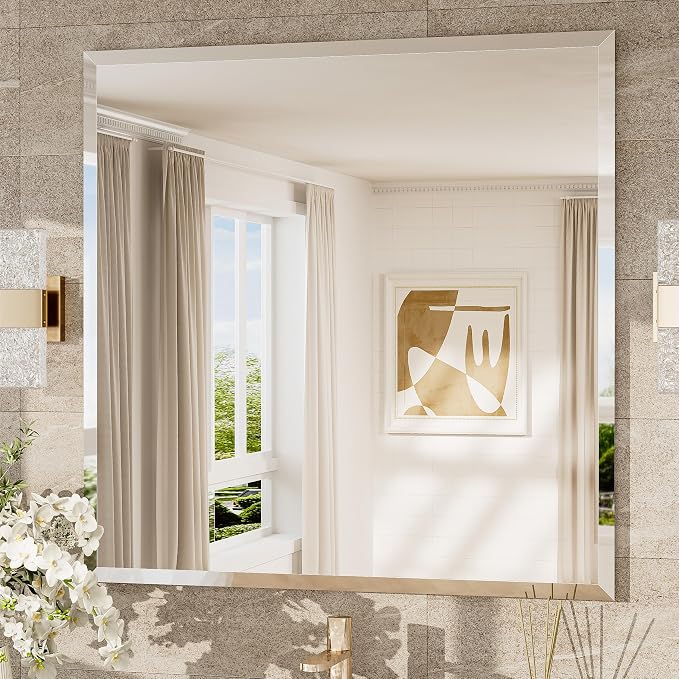 36x36 Beveled Mirror Frameless Tempered, Rectangle Bathroom Mirror with 1" Beveled Edge, Shatterproof Bathroom Vanity Mirrored Wall Mounted for Living Room, Entryway, Restroom