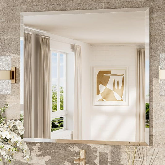 36x36 Beveled Mirror Frameless Tempered, Rectangle Bathroom Mirror with 1" Beveled Edge, Shatterproof Bathroom Vanity Mirrored Wall Mounted for Living Room, Entryway, Restroom